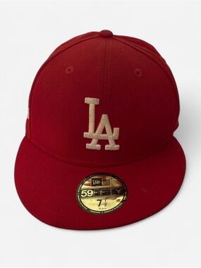 New Era Fitted Cap in Deep Red with Cream LA Logo